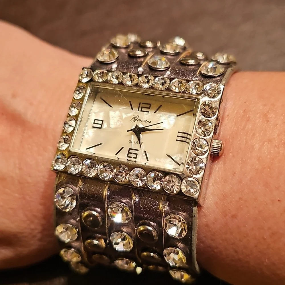 Silver Studded & Rhinestones Watch Leather Wrap 3 Adjustable Sizes